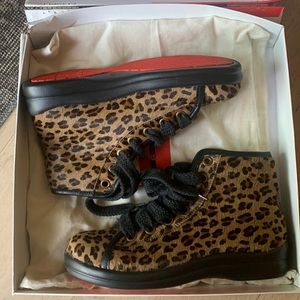 Rare Birkenstock Leopard Print Brown Black Lace-Up Ankle Boots Collab Heidi Klum